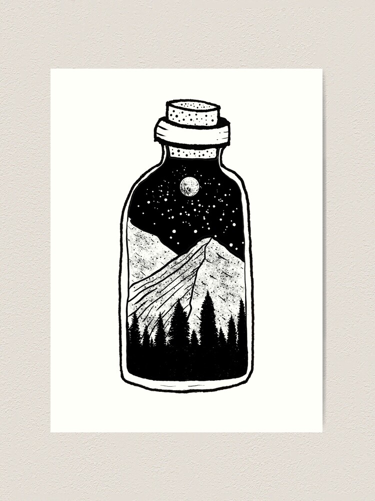 Life in a Bottle Bottle Art, Pen Drawing, Whale, Nature, Landscape,  Mountains, Decor Art, Woman A4 Size Print 