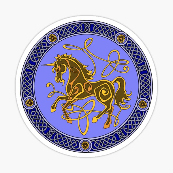 Celtic knotwork unicorn - blue and gold Sticker