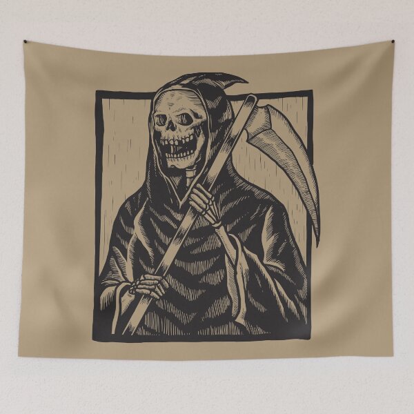 Item preview, Grim Reaper Skeleton Linocut Illustration designed and sold by Robert Lynch.