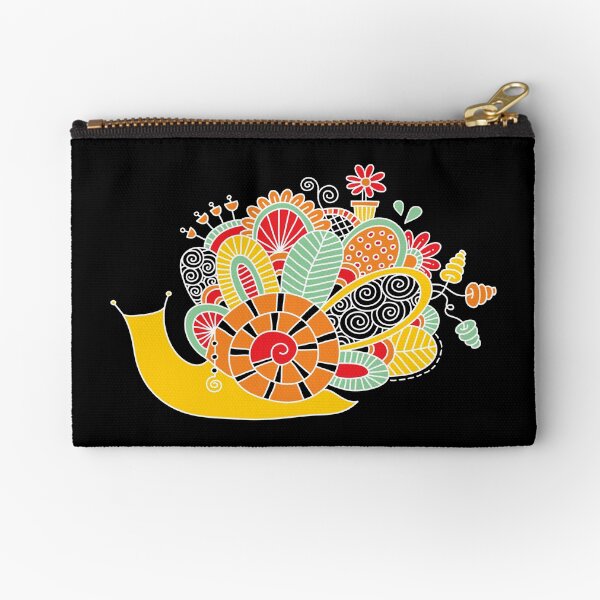 Cute Snail with Flowers & Swirls on Dark Background Zipper Pouch