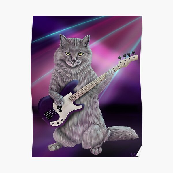 Bass Cat- Rock band kitty playing the bass guitar Poster