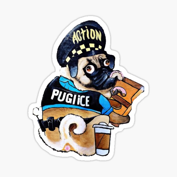 Cute police pug eating pink donuts Sticker