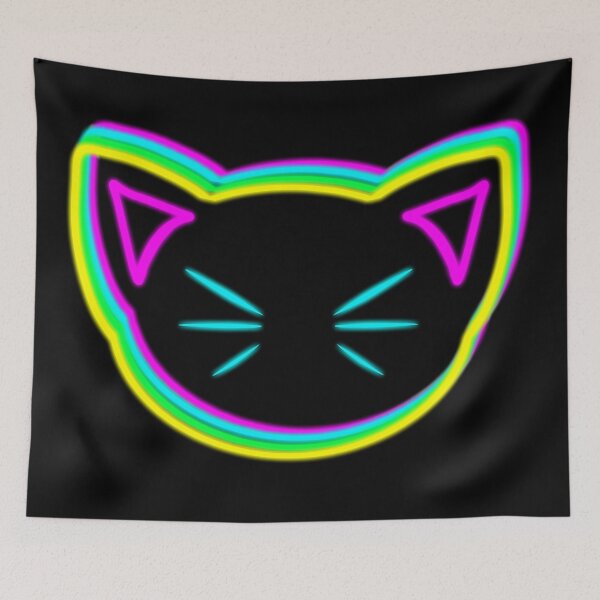 Item preview, neon cat head with blue whiskers and rainbow colors designed and sold by M-Lorentsson.