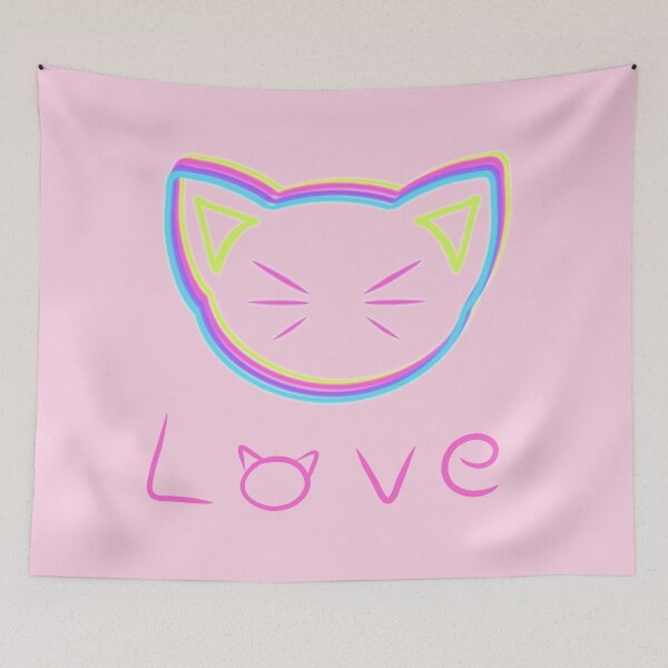 Item preview, rainbow cat head with blue whiskers and bright colors and love words designed and sold by M-Lorentsson.