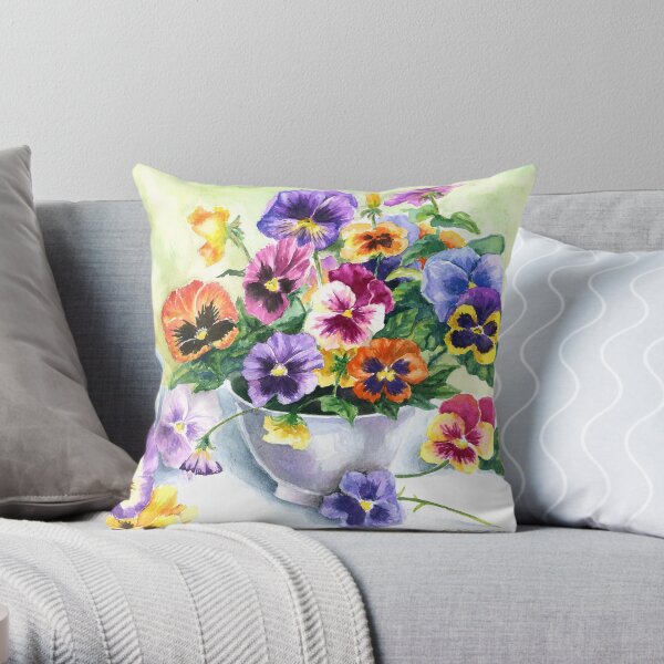 Little Sip - Chickadee with Pansies Throw Pillow