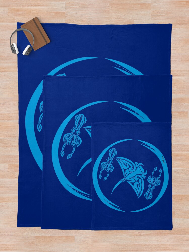 "Giant Manta Ray & Squid (Cyan)" Throw Blanket by Ian2Danim | Redbubble