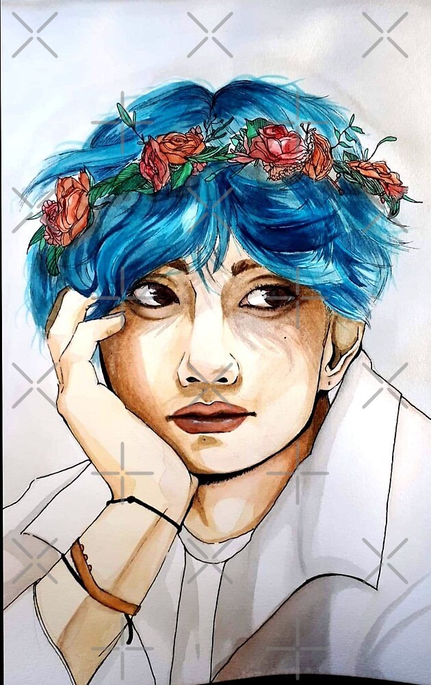 Kim Taehyung With Flower Crown And Blue Hair By Jenniko Redbubble