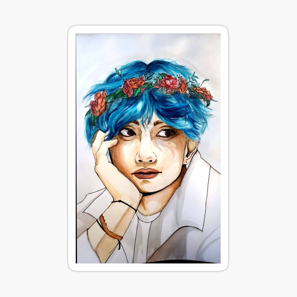 Kim Taehyung With Flower Crown And Blue Hair Greeting Card By Jenniko Redbubble