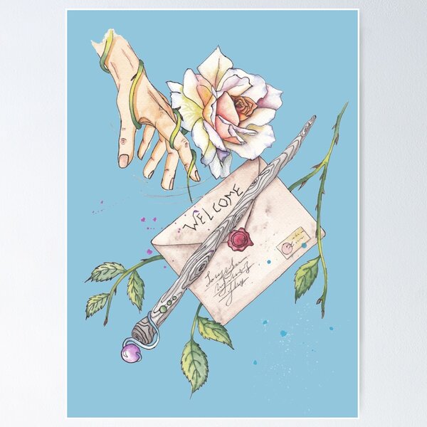 Item preview, A poster with a letter, magic wand, a rose and a hand.Watercolor with contour (blue option) designed and sold by SASHA-MATBON.