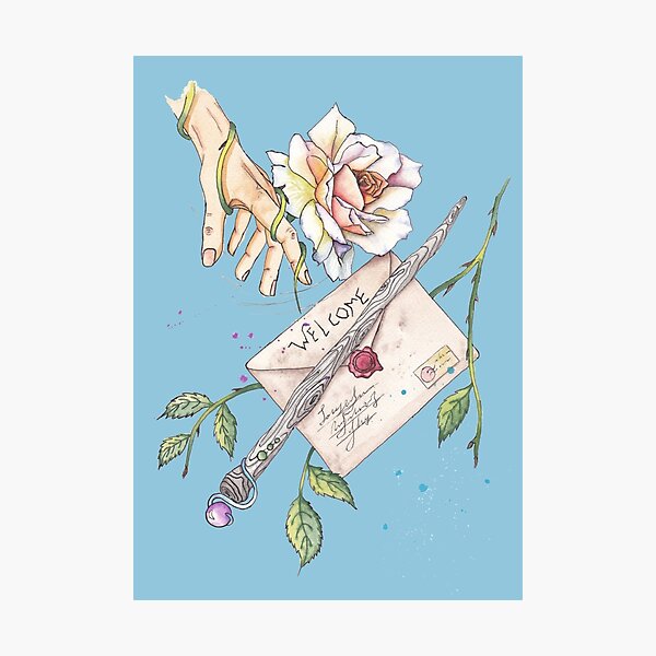 Artikelvorschau, Ein Poster mit einem Brief, einem Zauberstab, einer Rose und einer Hand. Aquarell mit Kontur (blaue Option) entworfen und verkauft von SASHA-MATBON.