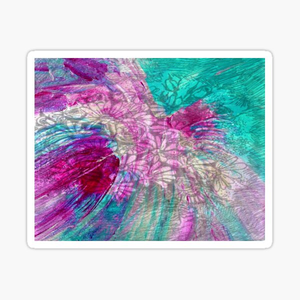 Aqua Marine with Raspberry Pink Art Piece Called JOYFUL MOMENTS WITH FLOWERS Digital Art Design Print Sticker