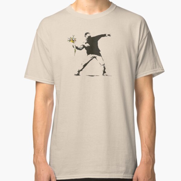 Banksy - Man Throwing Flowers - Antifa vs Police Manifestation Design For Men, Women, Poster Classic T-Shirt