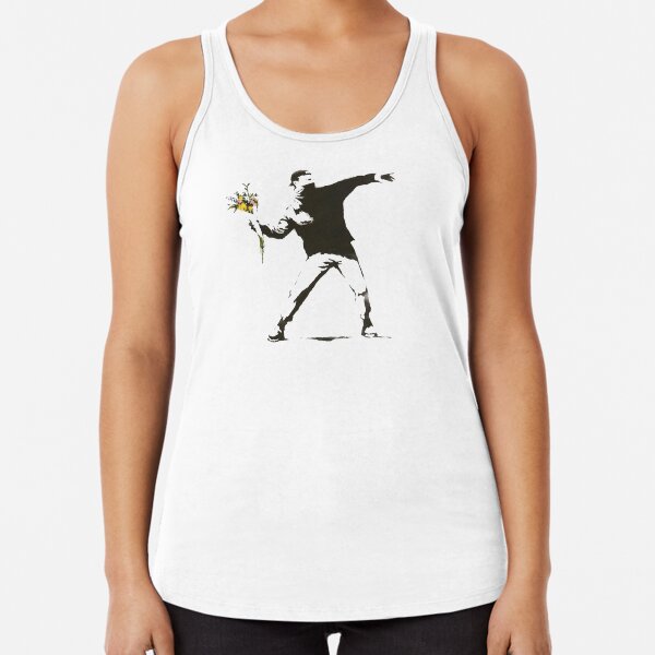 Banksy - Man Throwing Flowers - Antifa vs Police Manifestation Design For Men, Women, Poster Racerback Tank Top
