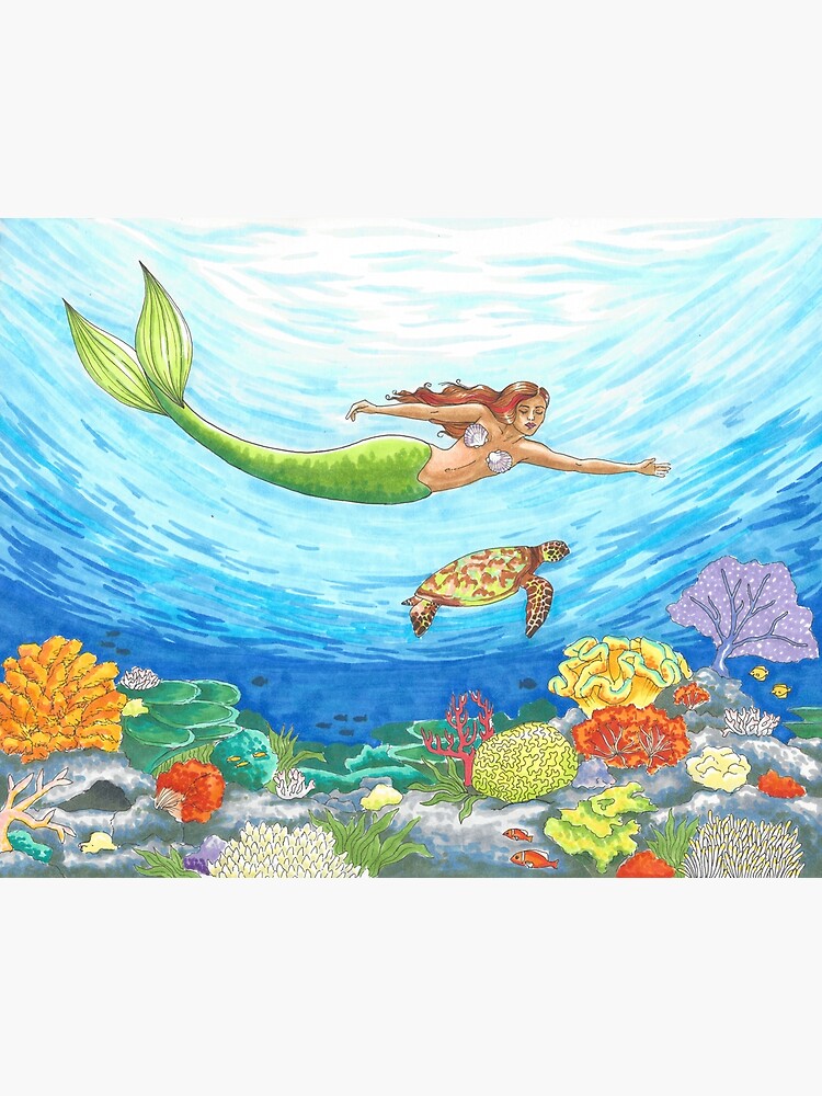 Coral Reef with Mermaid and Sea Turtle Poster for Sale by