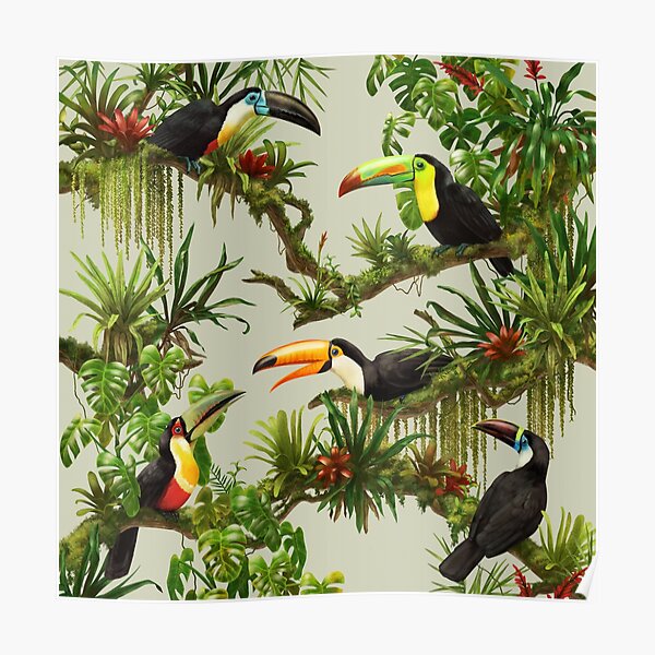Toucans and bromeliads - canvas background Poster