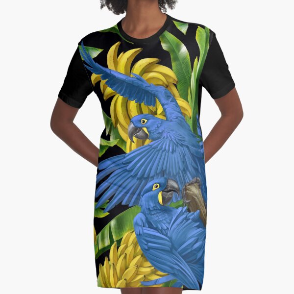 Hyacinth Macaws and Bananas Stravaganza (black background) Graphic T-Shirt Dress