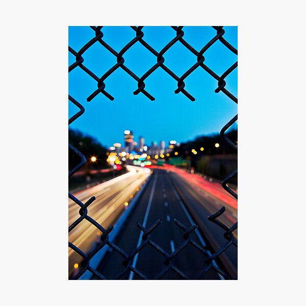 Pittsburgh Skyline At Night Through Fence Photographic Print