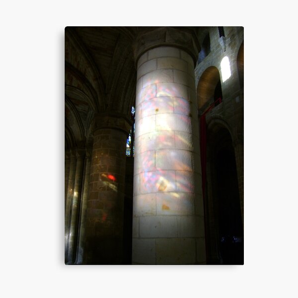 Stained glass onto stone column, Dunfermline Abbey nave Canvas Print
