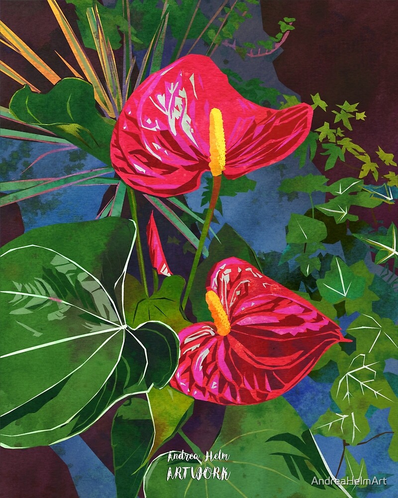 "Red Anthurium Tropical Flower Watercolor Art " by