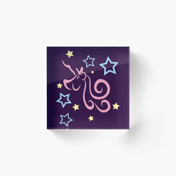 Purple Unicorns and Stars in Pink, Yellow & Blue Pattern Acrylic Block