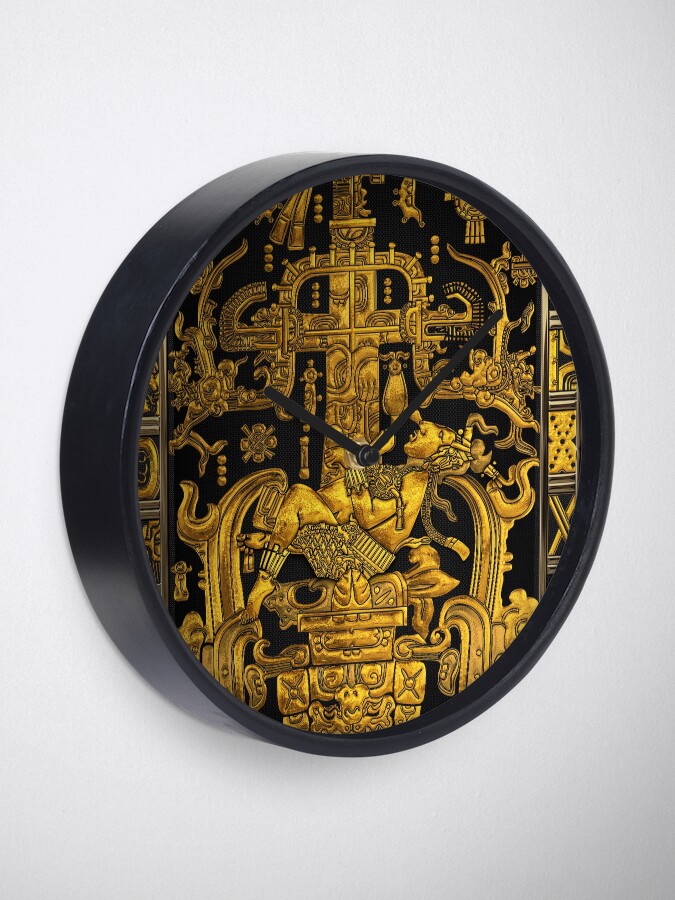 Alternate view of Lid of The Great Tomb of Pakal - Gold Palenque Astronaut over Black Clock