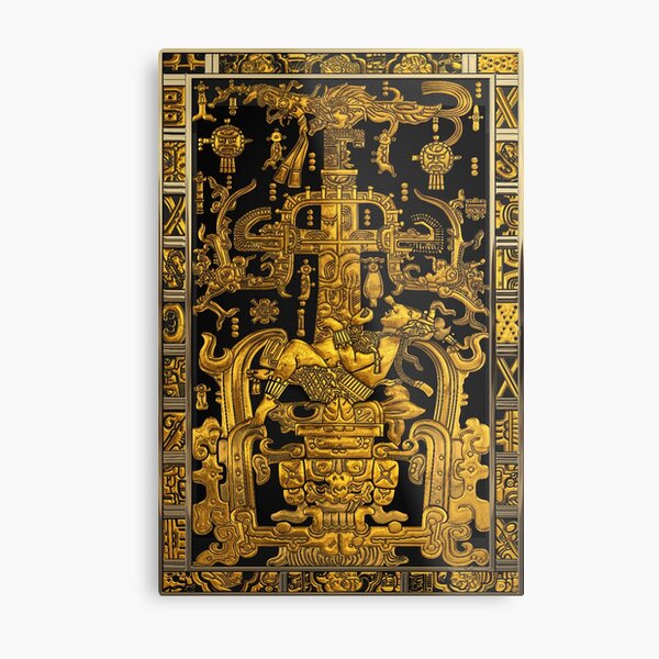 Lid of The Great Tomb of Pakal - Gold Palenque Astronaut over Black Metal Print