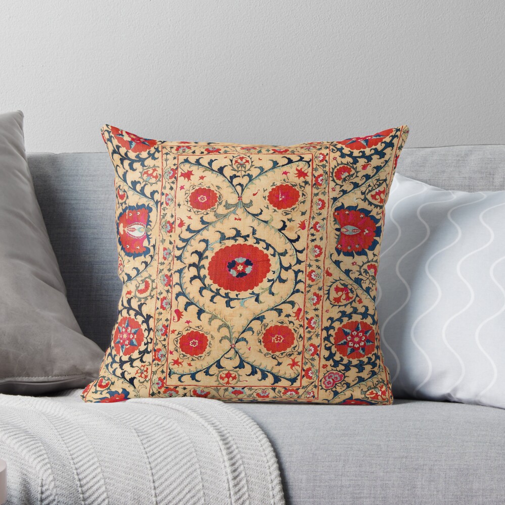 Samarkand Suzani Bokhara Uzbekistan Floral Embroidery Print Throw Pillow