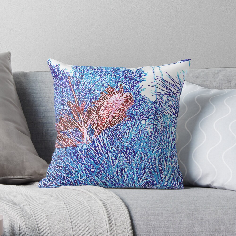 Red and Blue Grevillea Throw Pillow