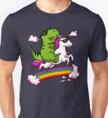 T-Rex Dinosaur Riding Unicorn Magical Rainbow Party Slim Fit T-Shirt