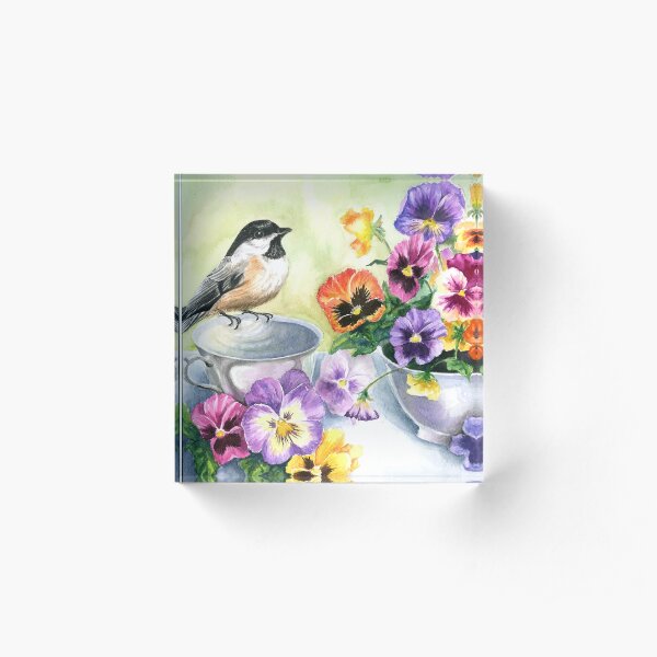 Little Sip - Chickadee with Pansies Acrylic Block