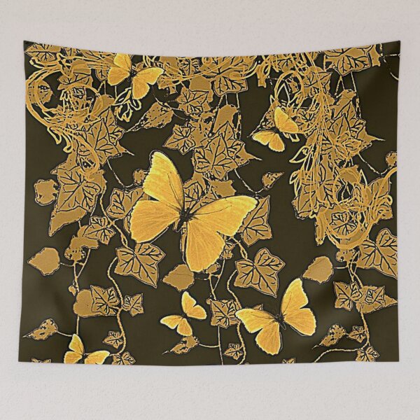 Item preview, GOLDEN ABSTRACT OF IVY VINES & BUTTERFLIES ON BLACK designed and sold by sharlesart.