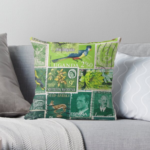 Tonal Green, Abstract Postage Stamp Collage Throw Pillow