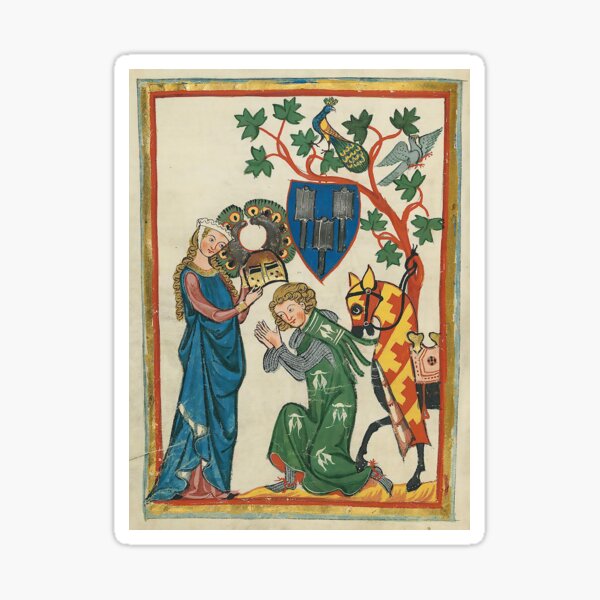 Vista previa del artículo con la obra «Dama con caballero, manuscrito medieval del siglo XIV», diseñado y vendido por Cat Lady Designs.
