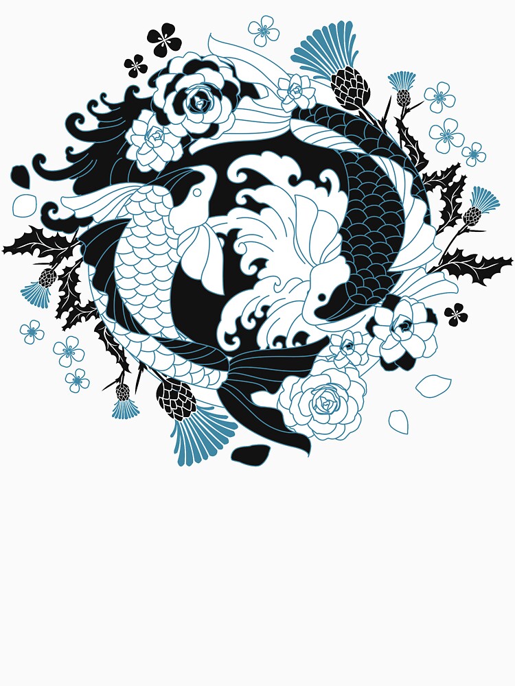 Japanese Dragon and Koi Fish on Floral Tattoo Printed Power Mesh Fabri