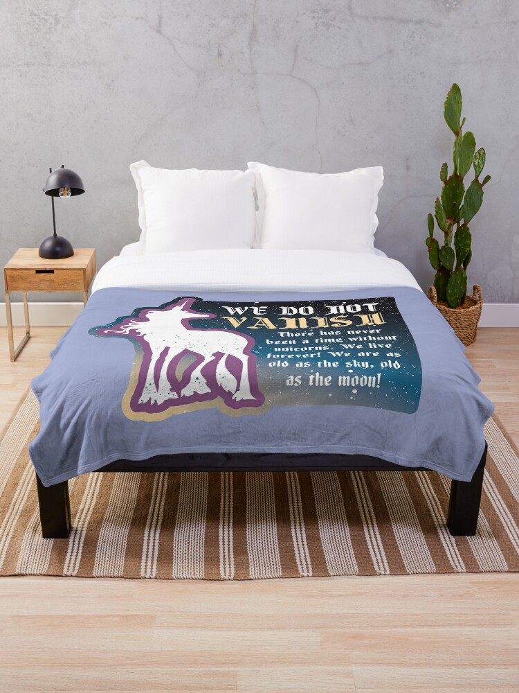 The Last Unicorn We Don T Vanish Throw Blanket By Littlebearart Redbubble