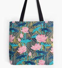 Art Deco Lotus Flowers in Pink & Navy Tote Bag
