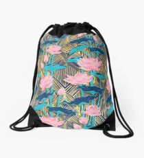 Mochila saco Art Deco flores de loto en rosa y azul marino