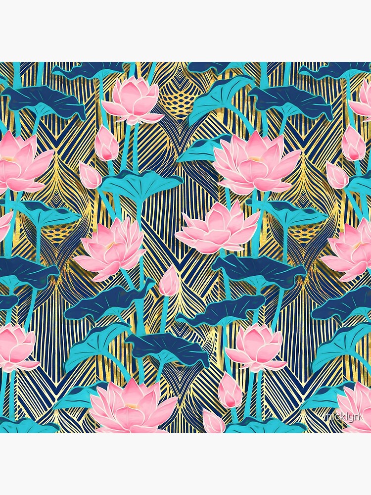 Art Deco Lotus Flowers in Pink & Navy by micklyn