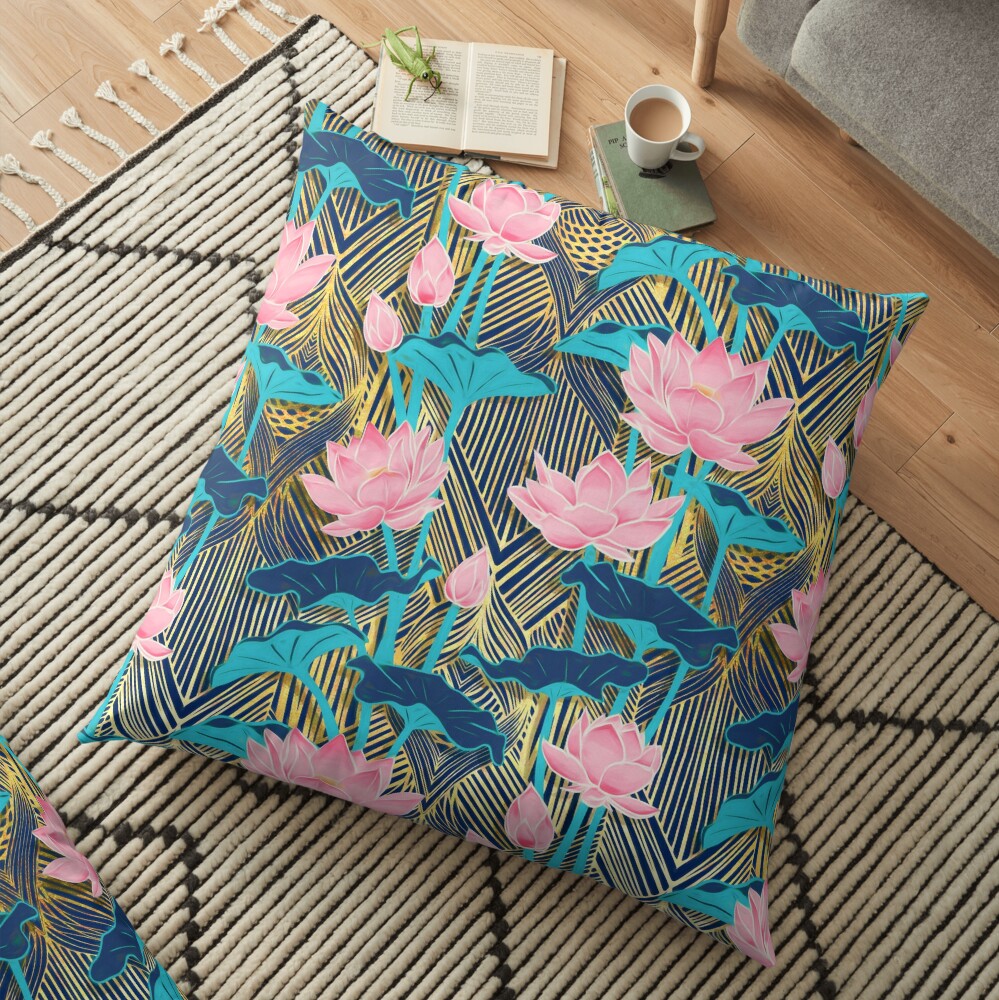 Art Deco Lotus Flowers in Pink & Navy Floor Pillow