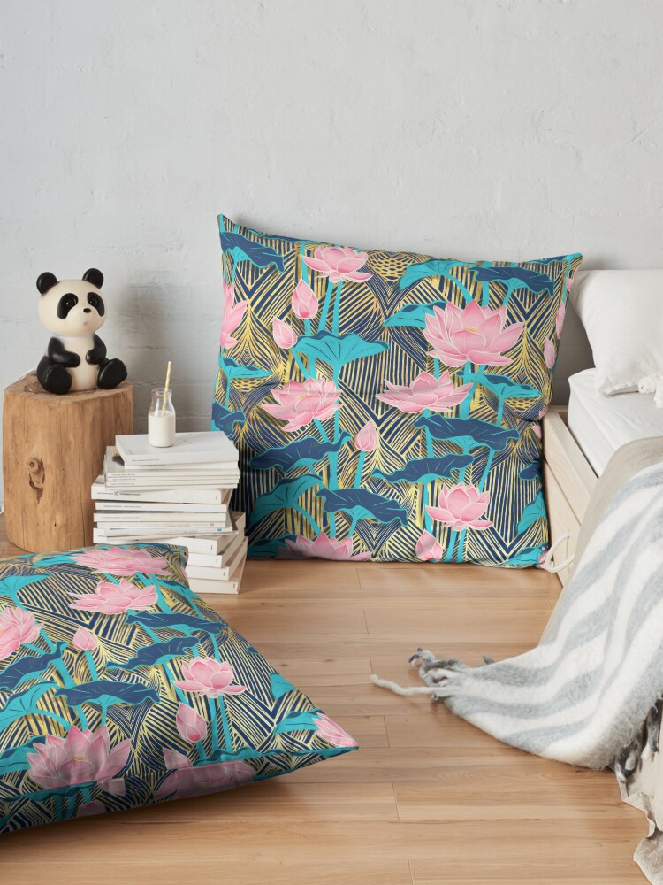 Alternate view of Art Deco Lotus Flowers in Pink & Navy Floor Pillow