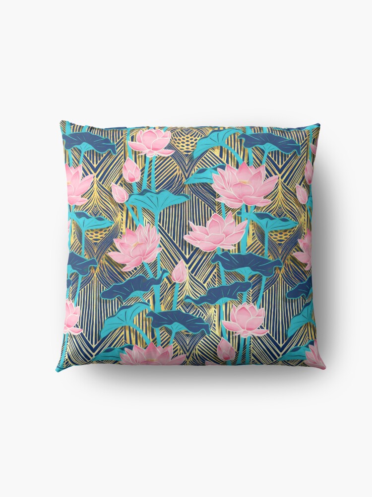 Alternate view of Art Deco Lotus Flowers in Pink & Navy Floor Pillow
