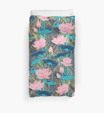 Art Deco Lotus Flowers in Pink & Navy Duvet Cover
