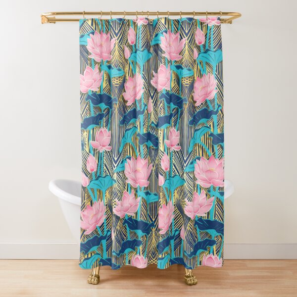 Art Deco Lotus Flowers in Pink & Navy Shower Curtain