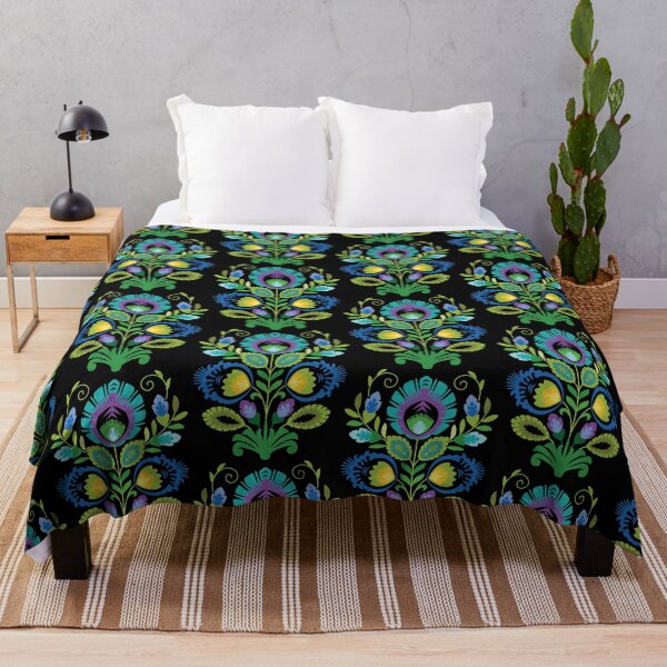 Vista previa del artículo con la obra «Flores populares polacas verde azulado en negro», diseñado y vendido por Barbara Pixton.