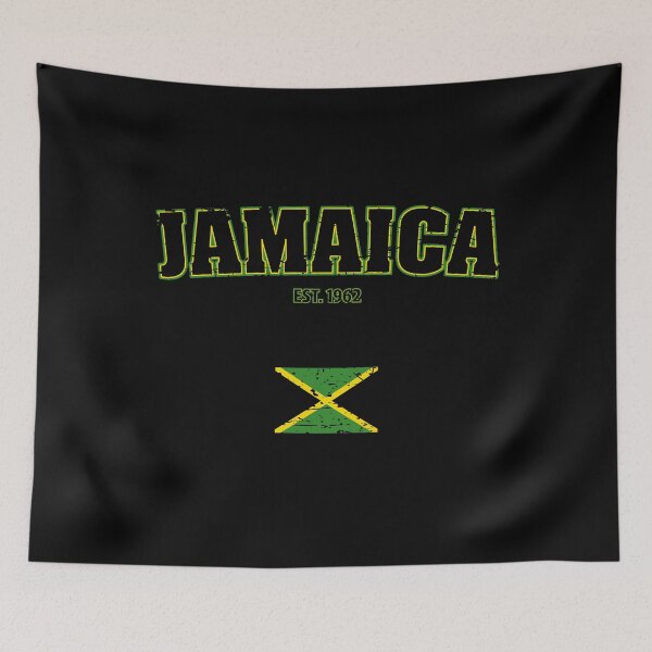 Item preview, Jamaica holiday EST. 1962 distressed flag t-shirt designed and sold by Damn Fine Arts.