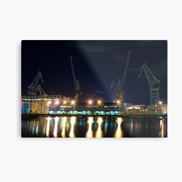 Cargo cranes captured at night in Helsinki wharf Metal Print