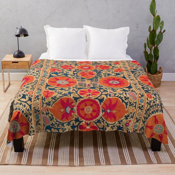 Kermina Suzani Uzbekistan Floral Embroidery Print Throw Blanket