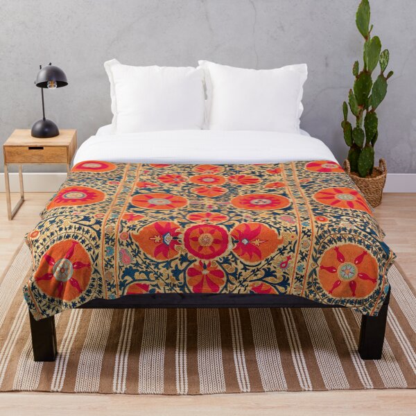 Kermina Suzani Uzbekistan Floral Embroidery Print Throw Blanket