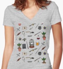 Owl and wand Fitted V-Neck T-Shirt
