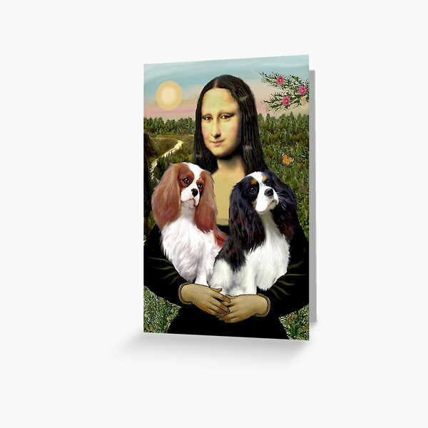 Mona Lisa and her Two Cavalier King Charles Spaniels Greeting Card